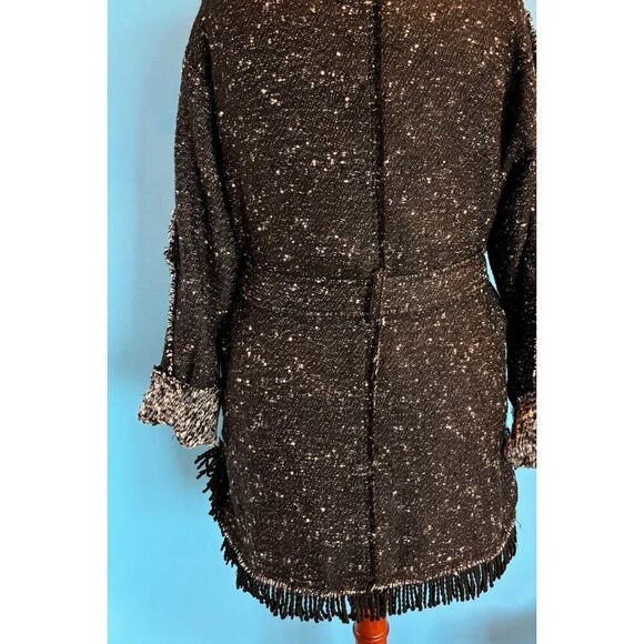 Free People UO Fringe Trim Open Front Coat Jacket Lined Self-Tie Belt M Black - Picture 4 of 10